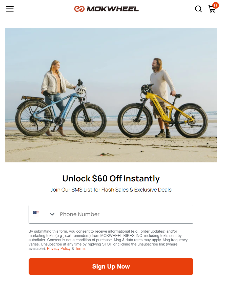 Mokwheel 60 off SMS opt-in page