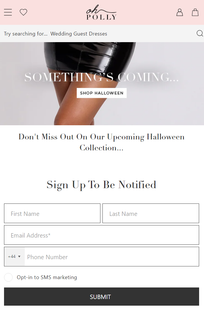 Oh Polly Halloween SMS sign-up landing page