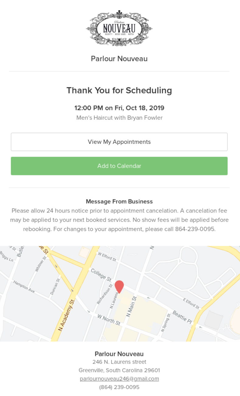 Parlour Noveau appointment confirmation