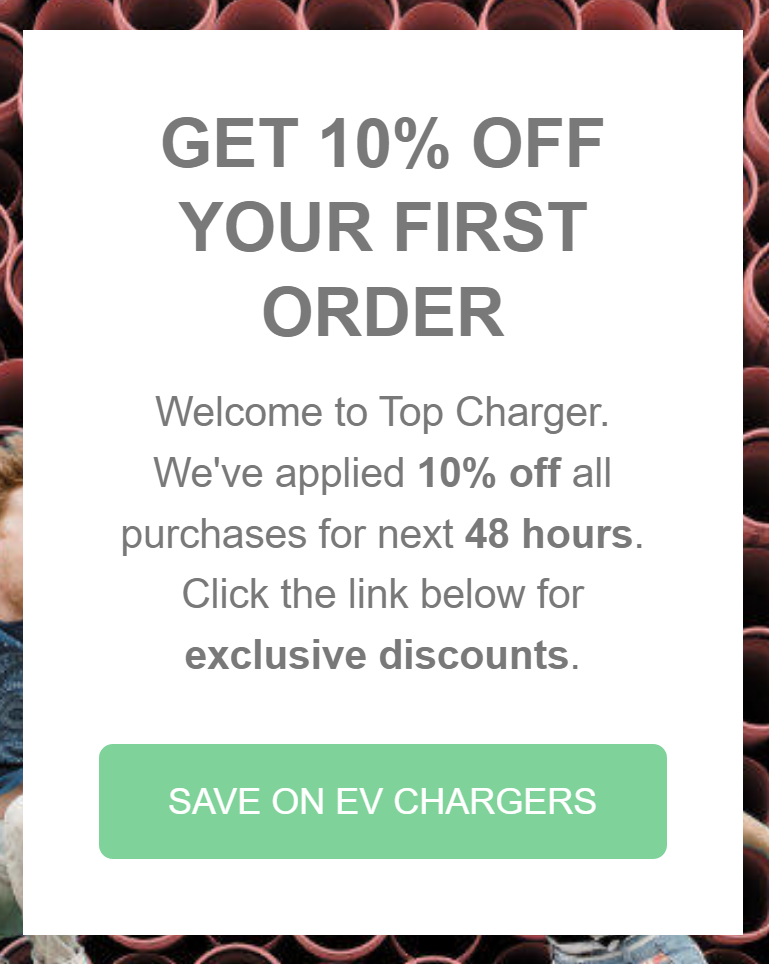 Top Charger 10% off welcome landing page
