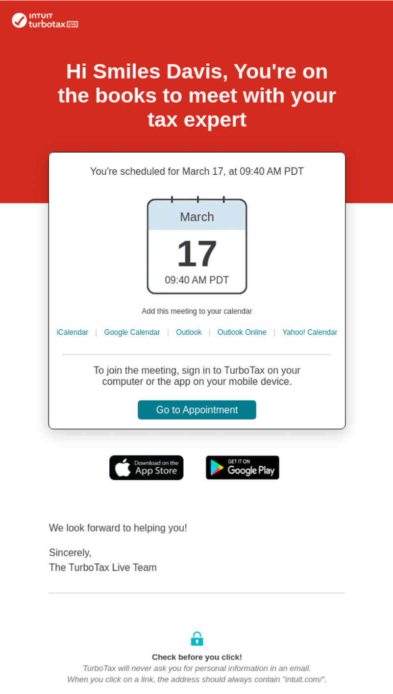 TurboTax appointment confirmation