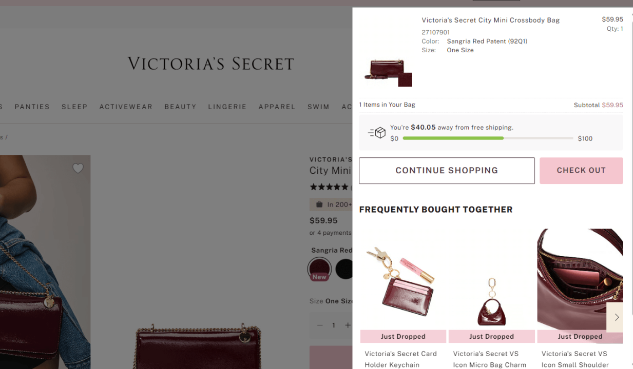 Victoria's Secret cross-sell popup example