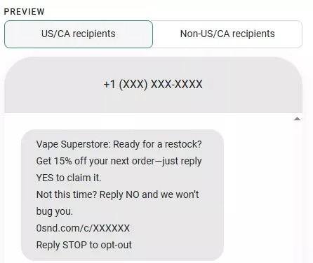Vape Superstore SMS example