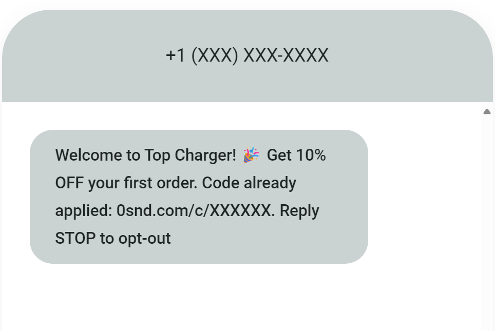 Welcome SMS with discount and opt-out instructions