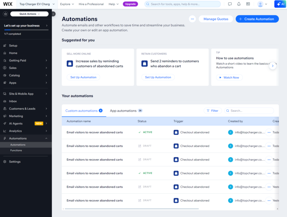 Automation dashboard wix