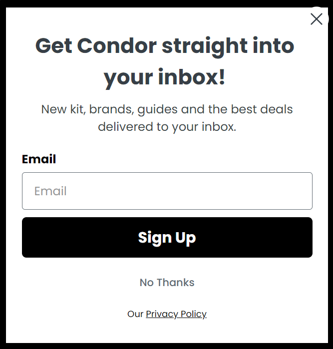 Shopify exit-intent popup by Condor Cycles