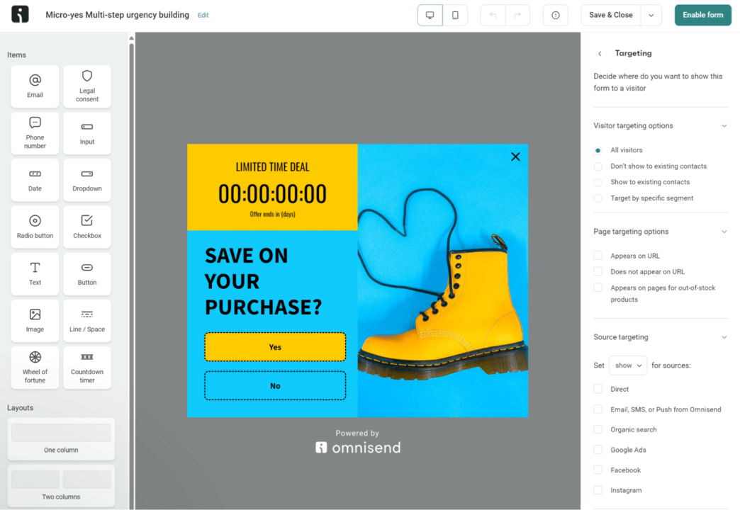Omnisend’s popup targeting options 