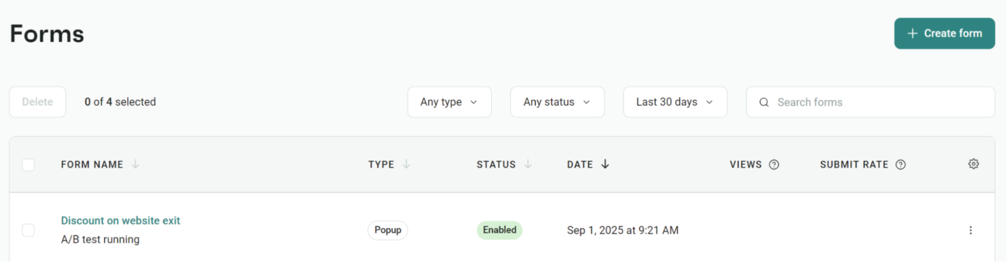Forms dashboard