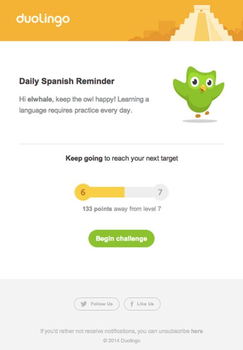 reminder emails: duolingo reminder email prompting the user to continue their language-learning challenge