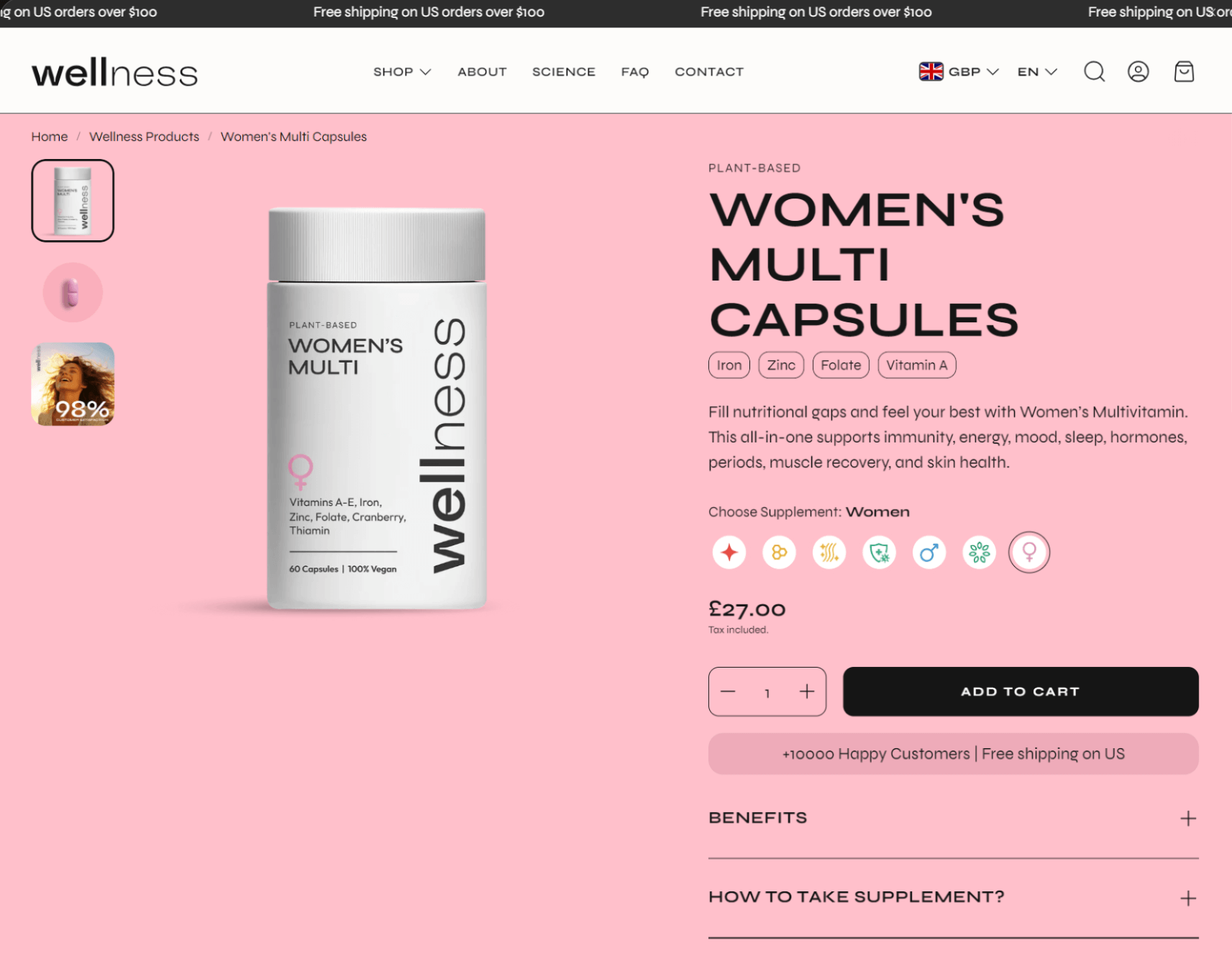shopify subscription box: product page listing women's multi capsules using the root theme