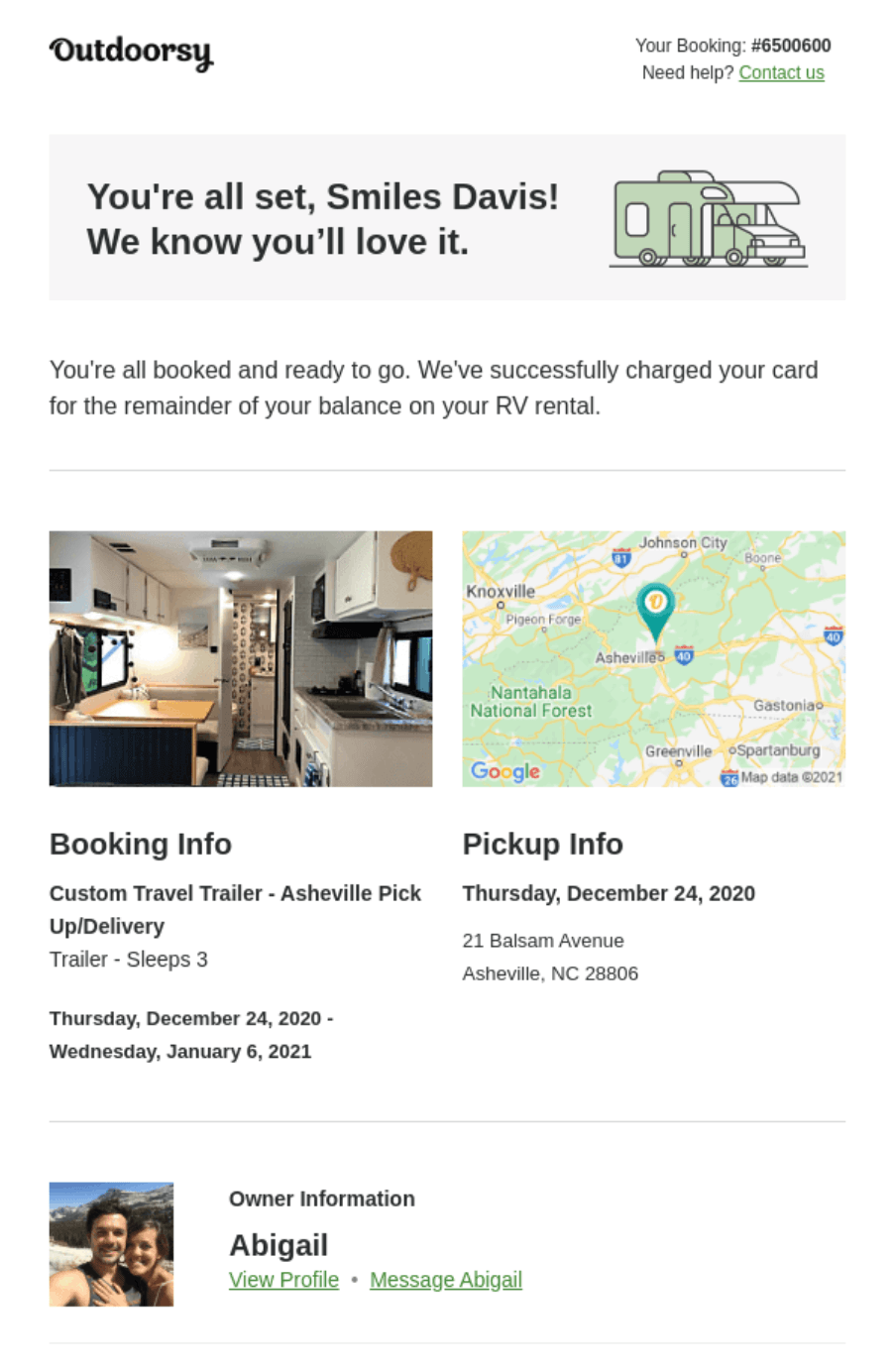 a booking reminder email from Outdoorsy that shows booking info and pickup info