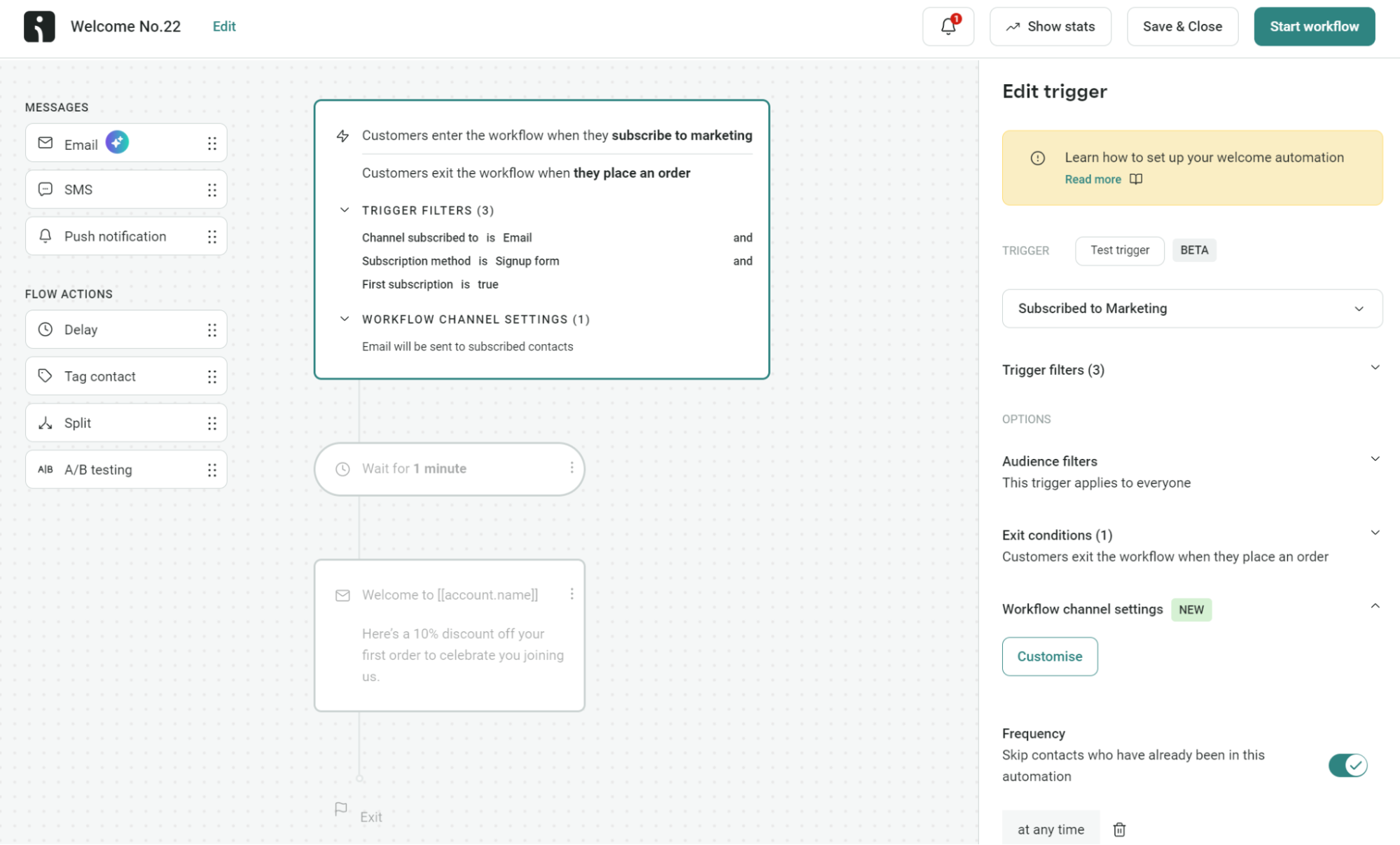 Omnisend's welcome series flow with options for audiences, triggers, delays, and more.