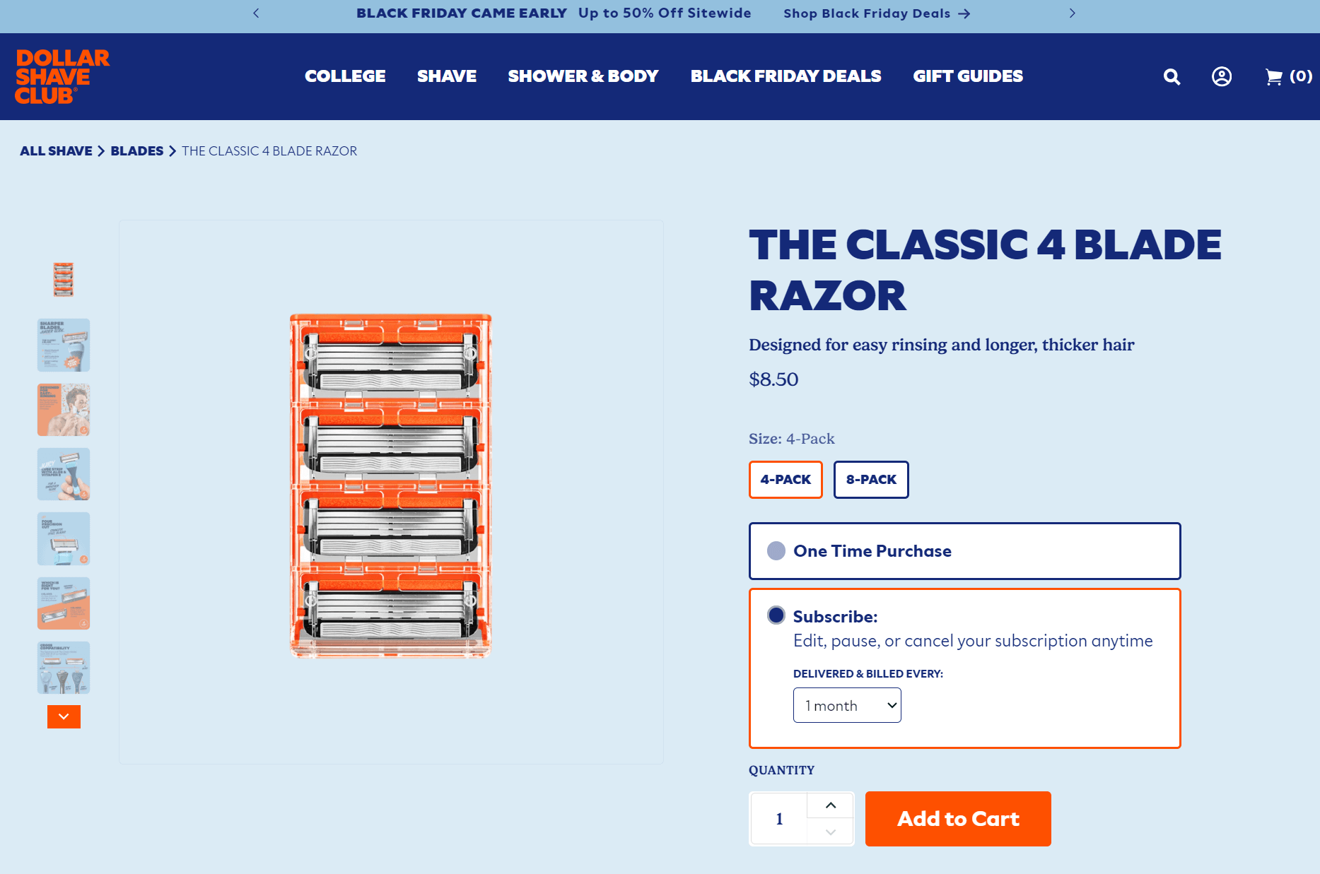 the classic 4 blade razor product page with one-time purchase and subscription options