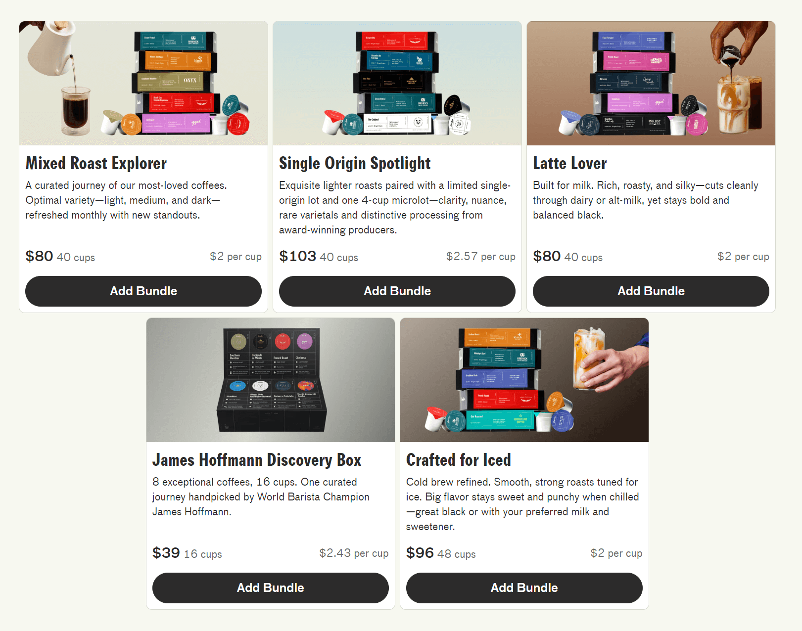 various bundle offers with different boxes and different coffee offerings: mixed roast, single origin, latte, and more