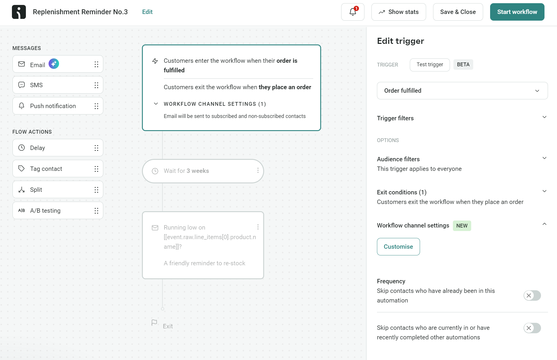 Omnisend's replenishment reminder flow that sends an email after 3 weeks to remind customers to buy again