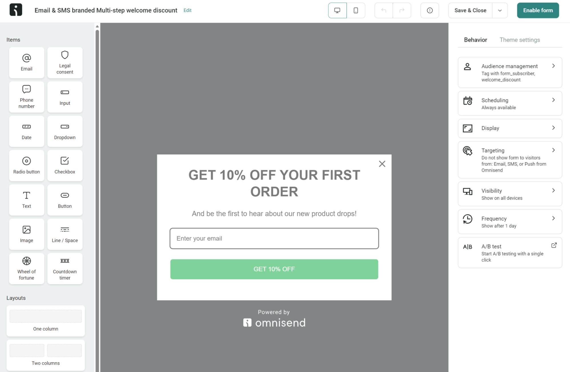 Omnisend's drag-and-drop form builder where you can choose between many items, some layouts, and behavior/theme settings