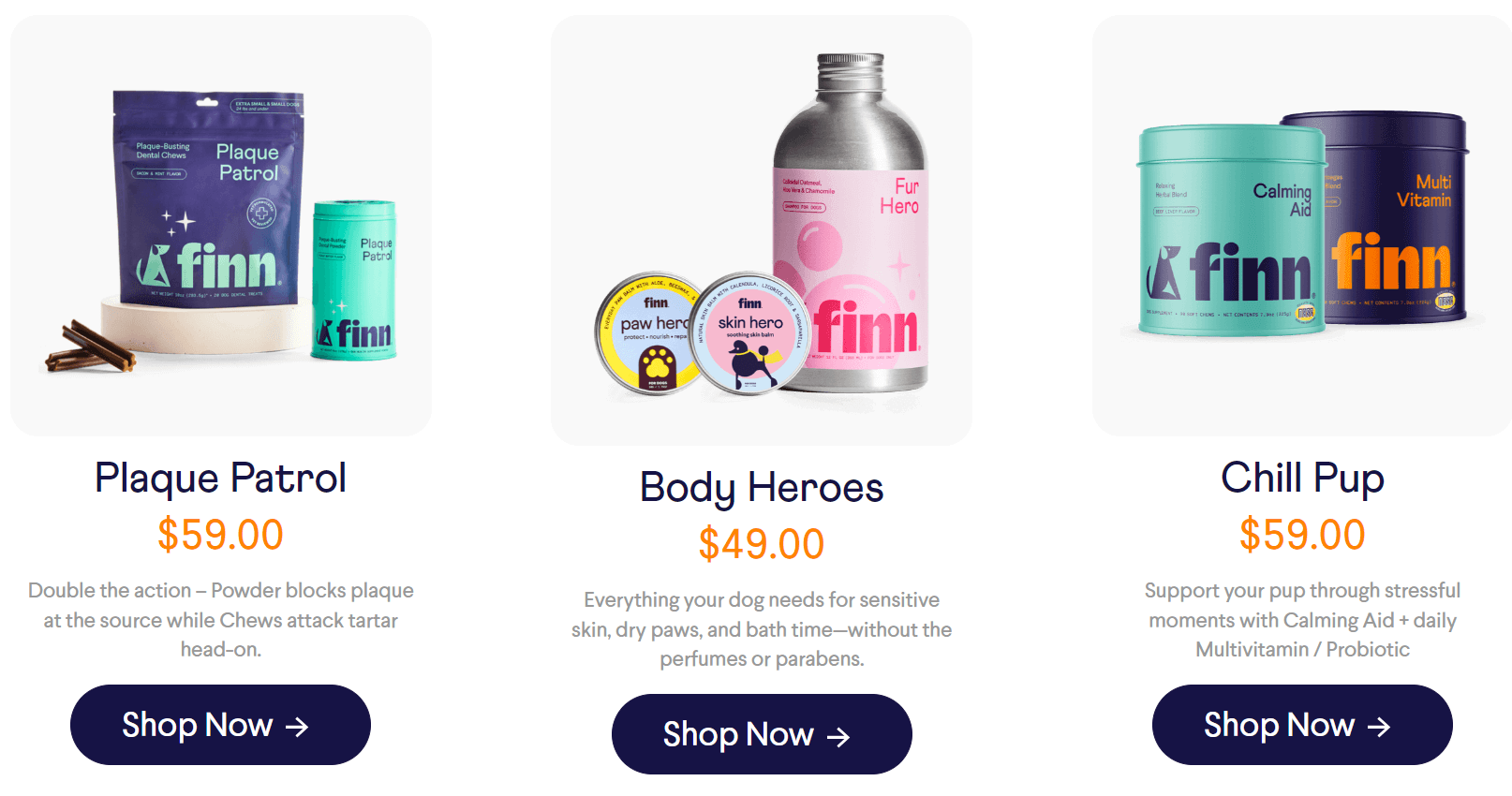 3 different Finn subscription boxes ofering plaque patrol, body heroes, and chill pup options