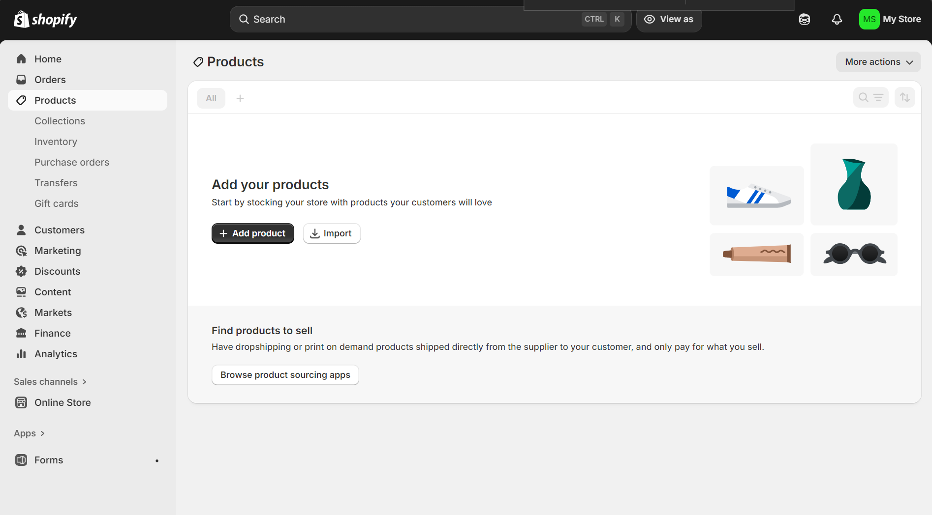 shopify for services: admin dashboard where you can add your products or import in bulk