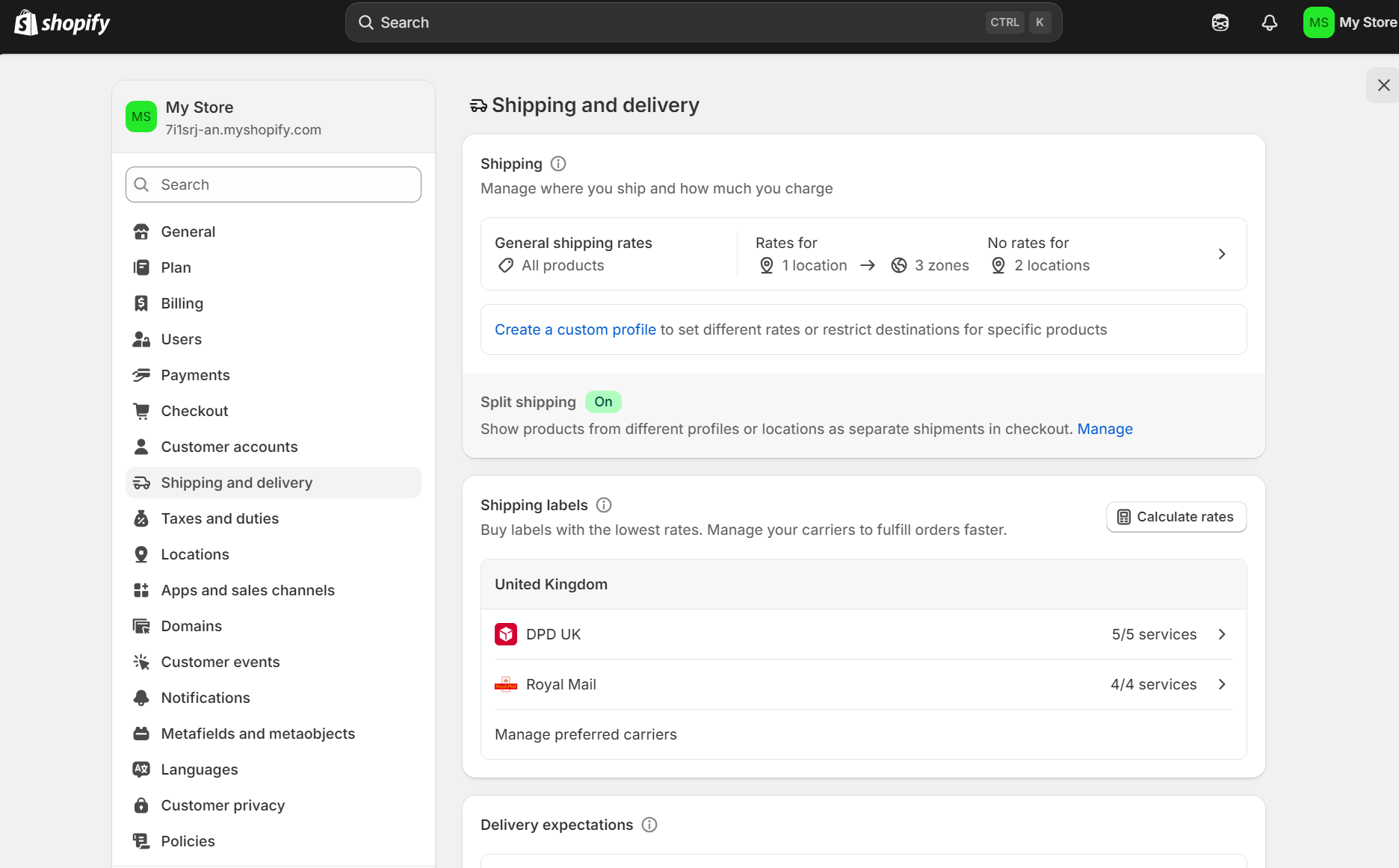 shopify subscription box: Shopify backend showing the shipping and delivery section