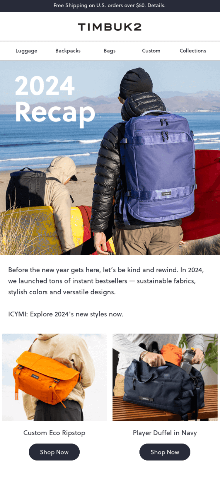 Timbuk2 2024 Recap email showing people with colorful backpacks at the beach, featuring bestselling products like the Custom Eco Ripstop and Player Duffel in Navy.