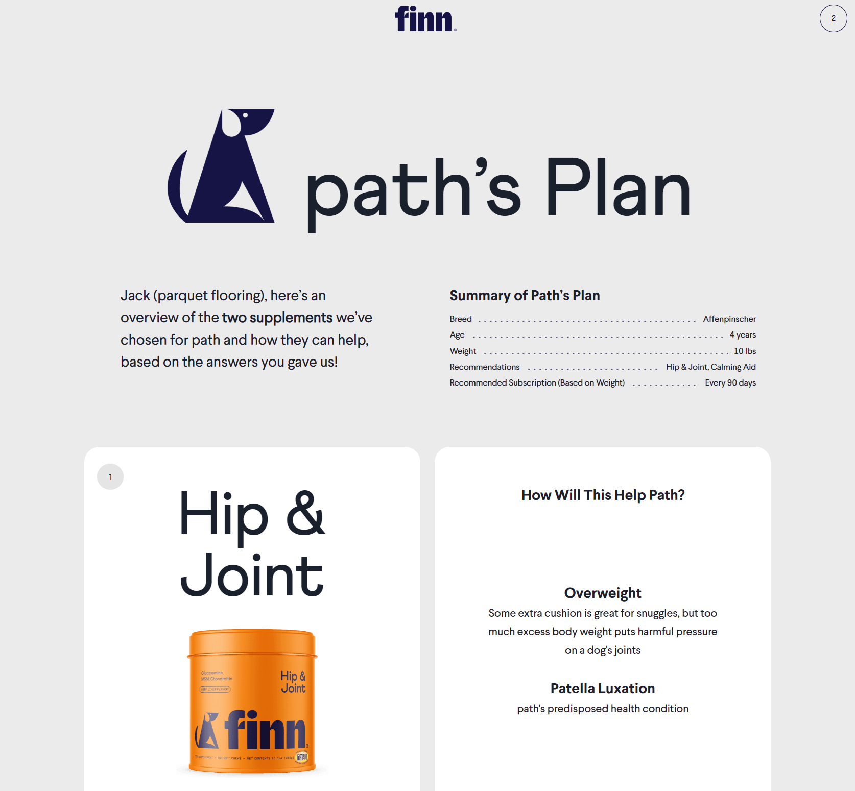 Finn's plan recommendation that shows what supplements you dog needs, in this case, hip and joint.