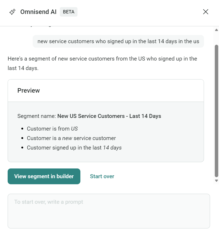 omnisend's AI segment builder where user entered a prompt "new service customers who signed up in the last 14 days in the US" and got a complete segment