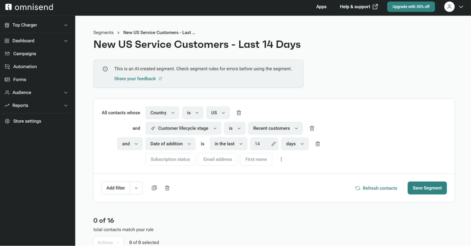 omnisend's AI-built segment of new US service customers in the last 14 days