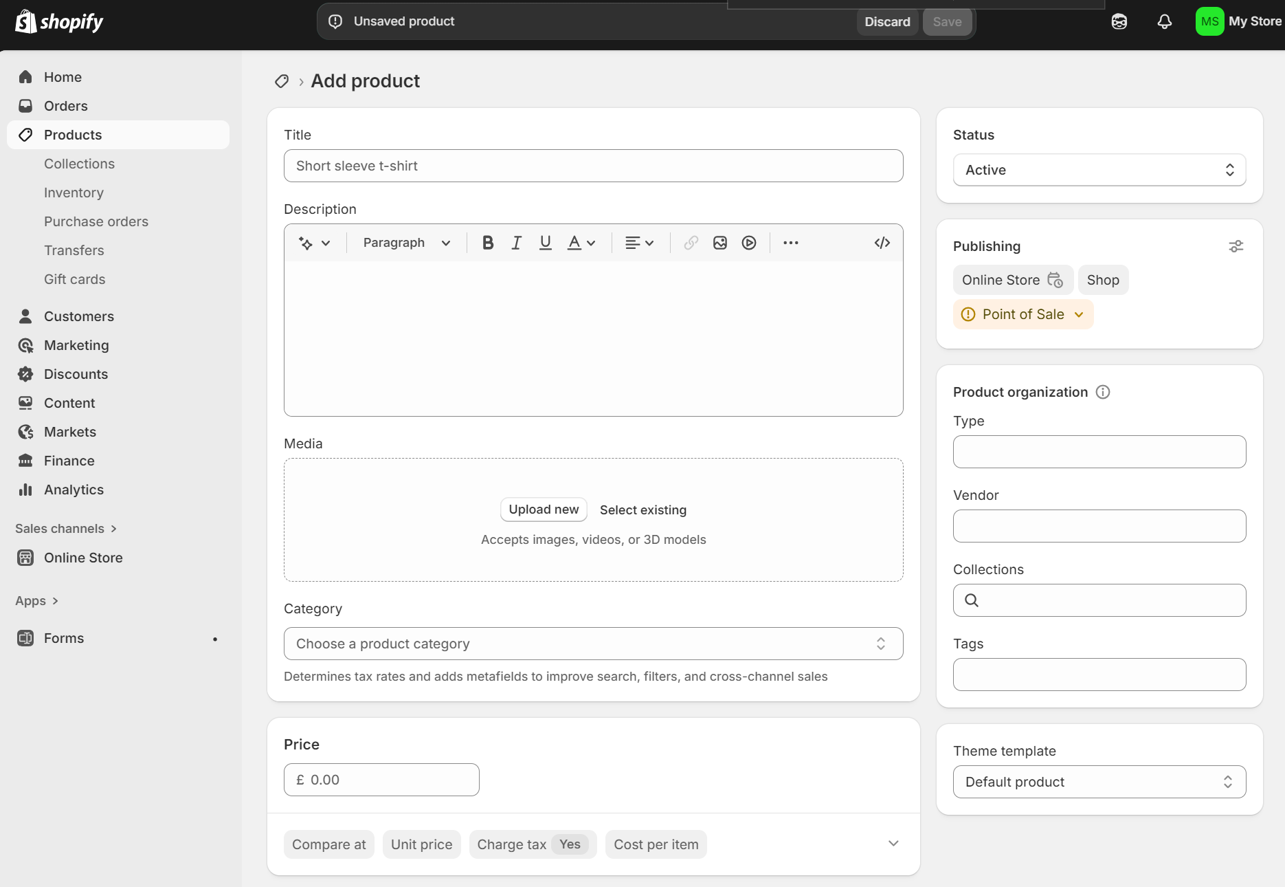 shopify for services: admin dashboard where you can add product title, deescription, media, category, and price, among other things
