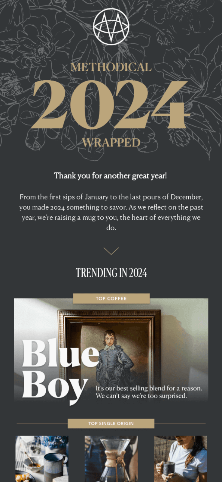 Methodical Coffee 2024 Wrapped email with elegant dark floral background, highlighting top coffee blends like Blue Boy and best-selling single origins.