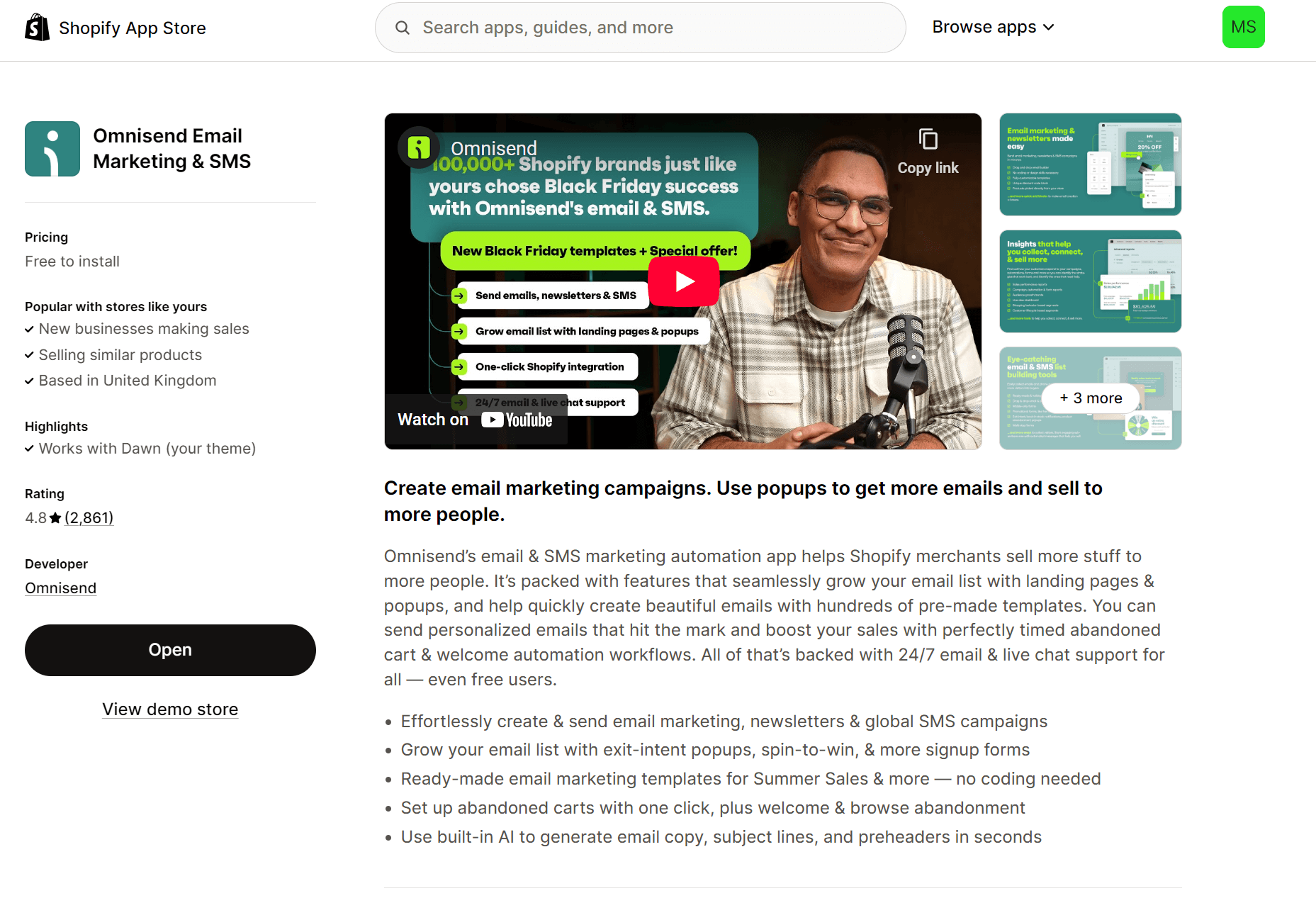 shopify subscription box: omnisend app on shopify with a youtube video and a description