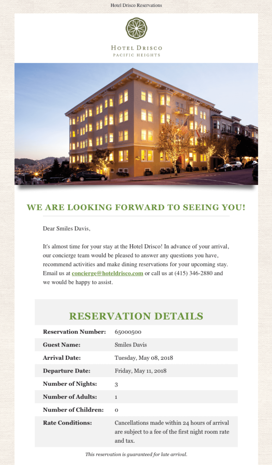 reminder emails: hotel drisco's email showing client's reservation details and excitement for the booking