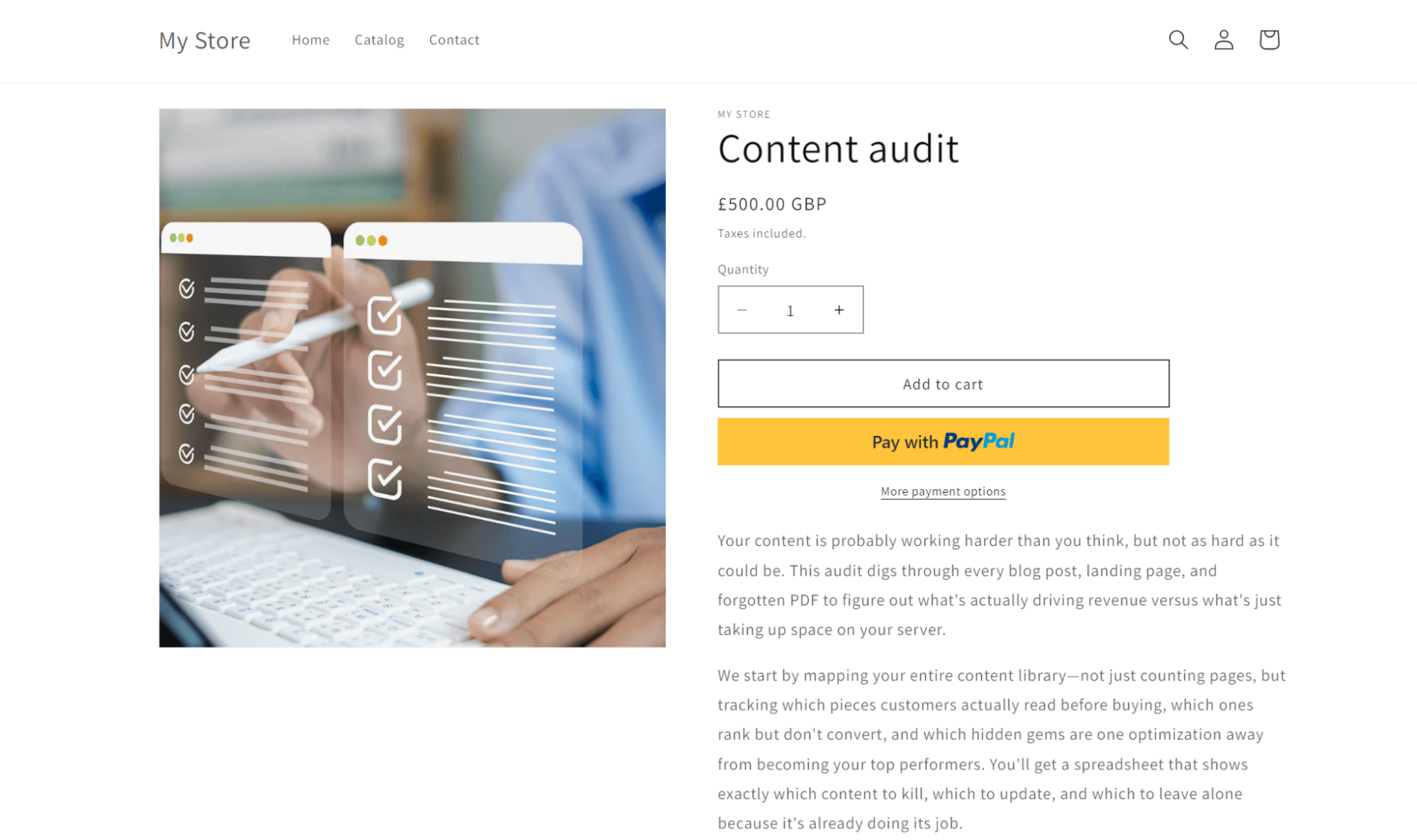 shopify for services: a product (service) page example where a user can directly buy it