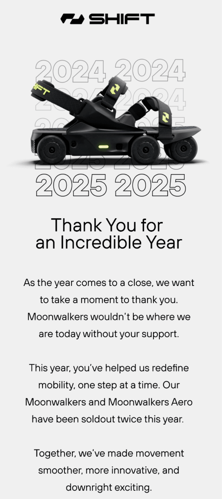 Shift Robotics year-end email featuring Moonwalkers smart shoes against overlapping 2024â2025 typography and a thank-you message for customers.