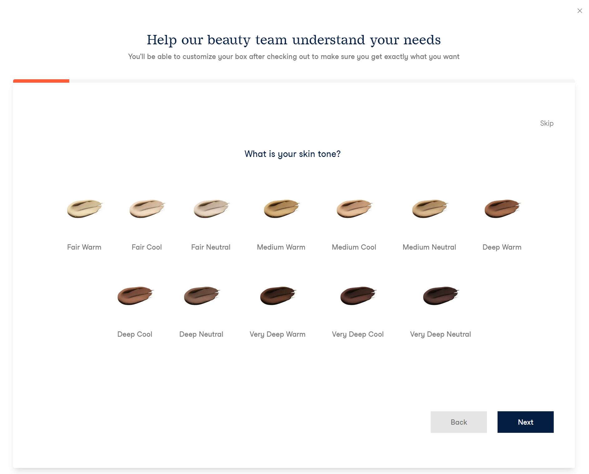 shopify subscription box: birchbox customization page that allows to choose your skin tone