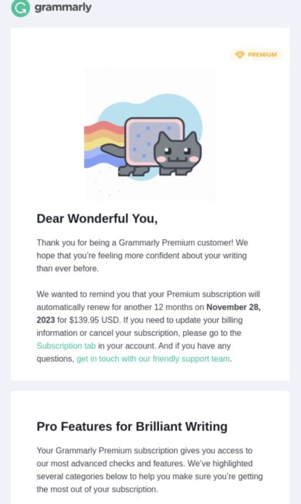 reminder emails: grammarly's subscription renewal email, letting the user know when their subscription will automatically renew and for how much