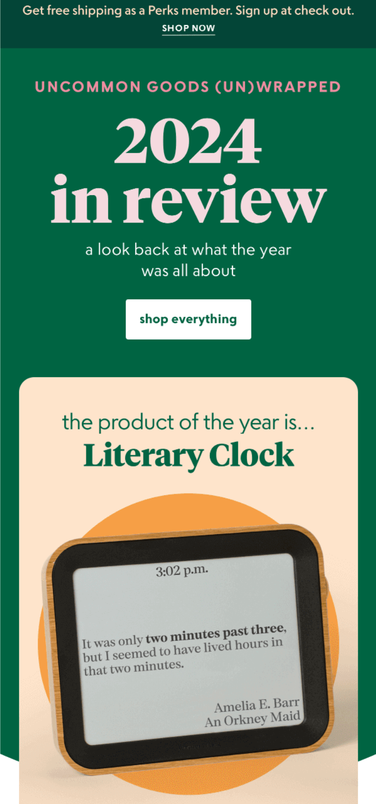 Uncommon Goods 2024 in Review email with green and peach design, featuring the Literary Clock as product of the year and a âshop everythingâ call to action.