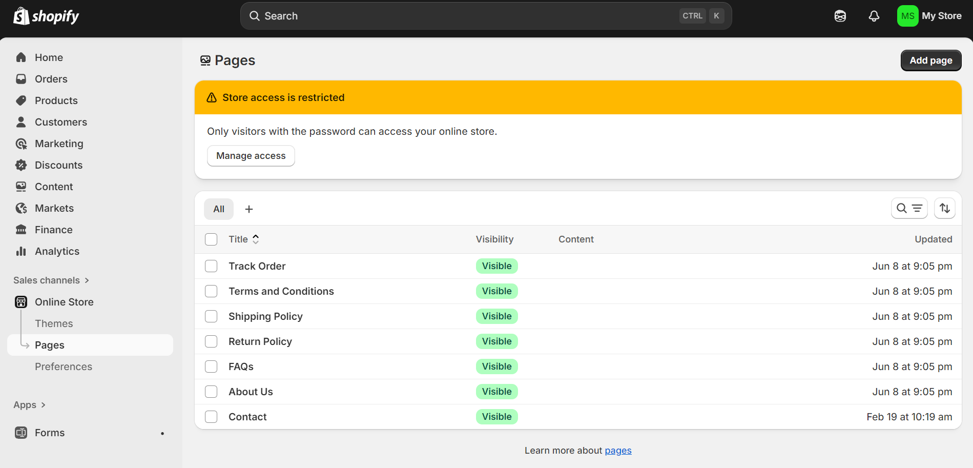 shopify for services: a selection of different Shopify default pages for order tracking, terms and conditions, shipping policy, and more.