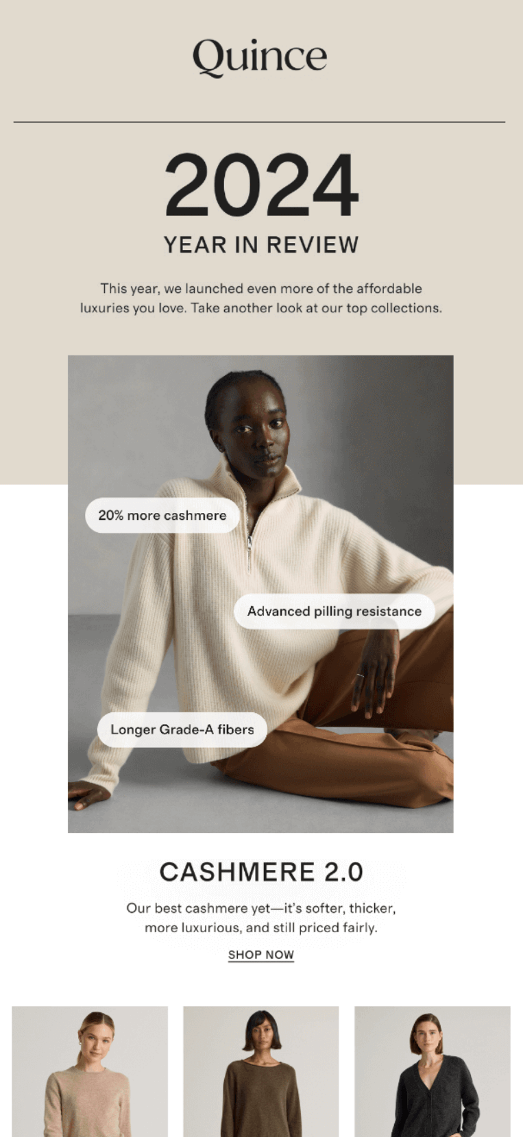 Quince 2024 Year in Review email featuring minimalist beige design, cashmere clothing images, and callouts such as 20% more cashmere and advanced pilling resistance.