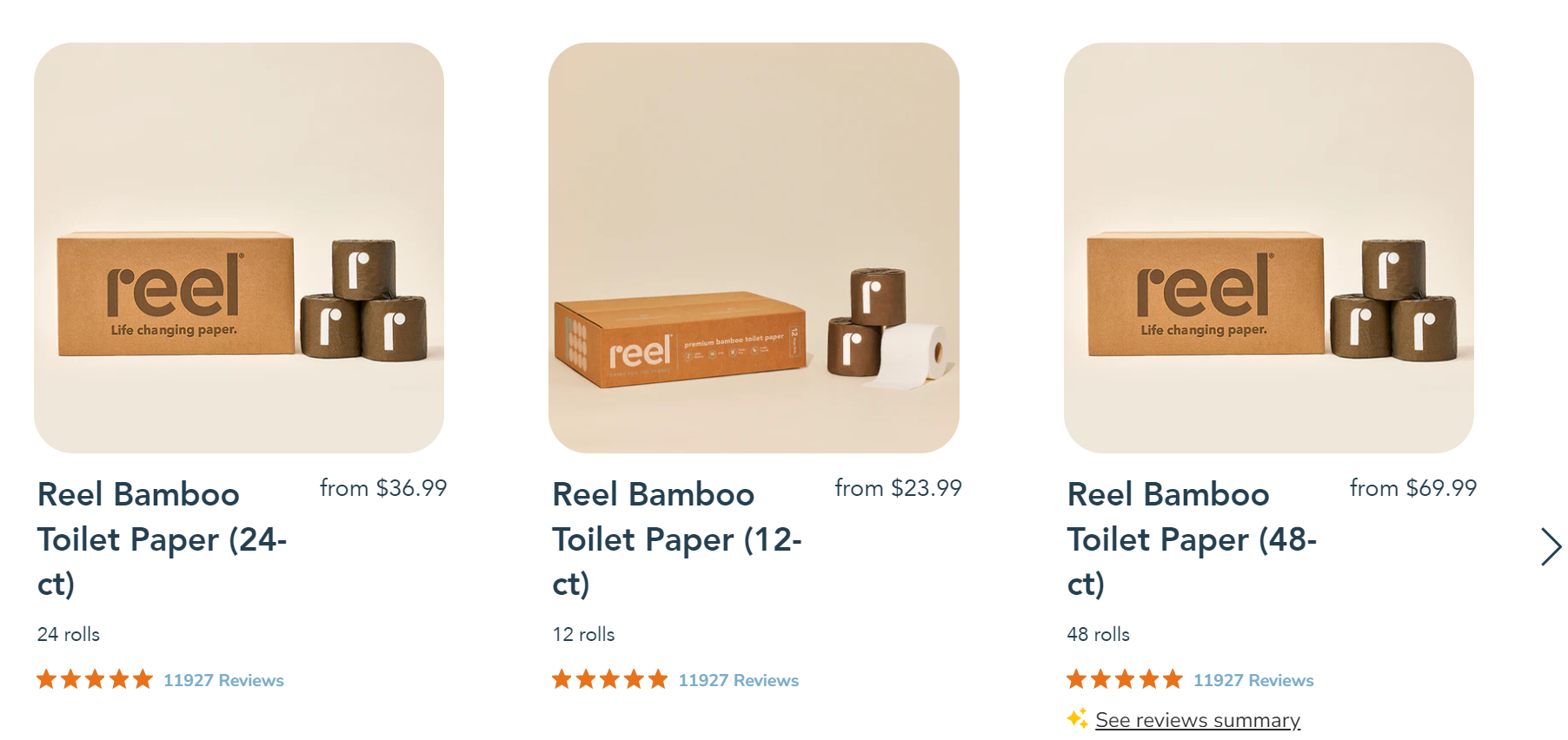 shopify subscription box: Reel bamboo toilet paper's bundle listings for 24, 12, and 48 rolls.