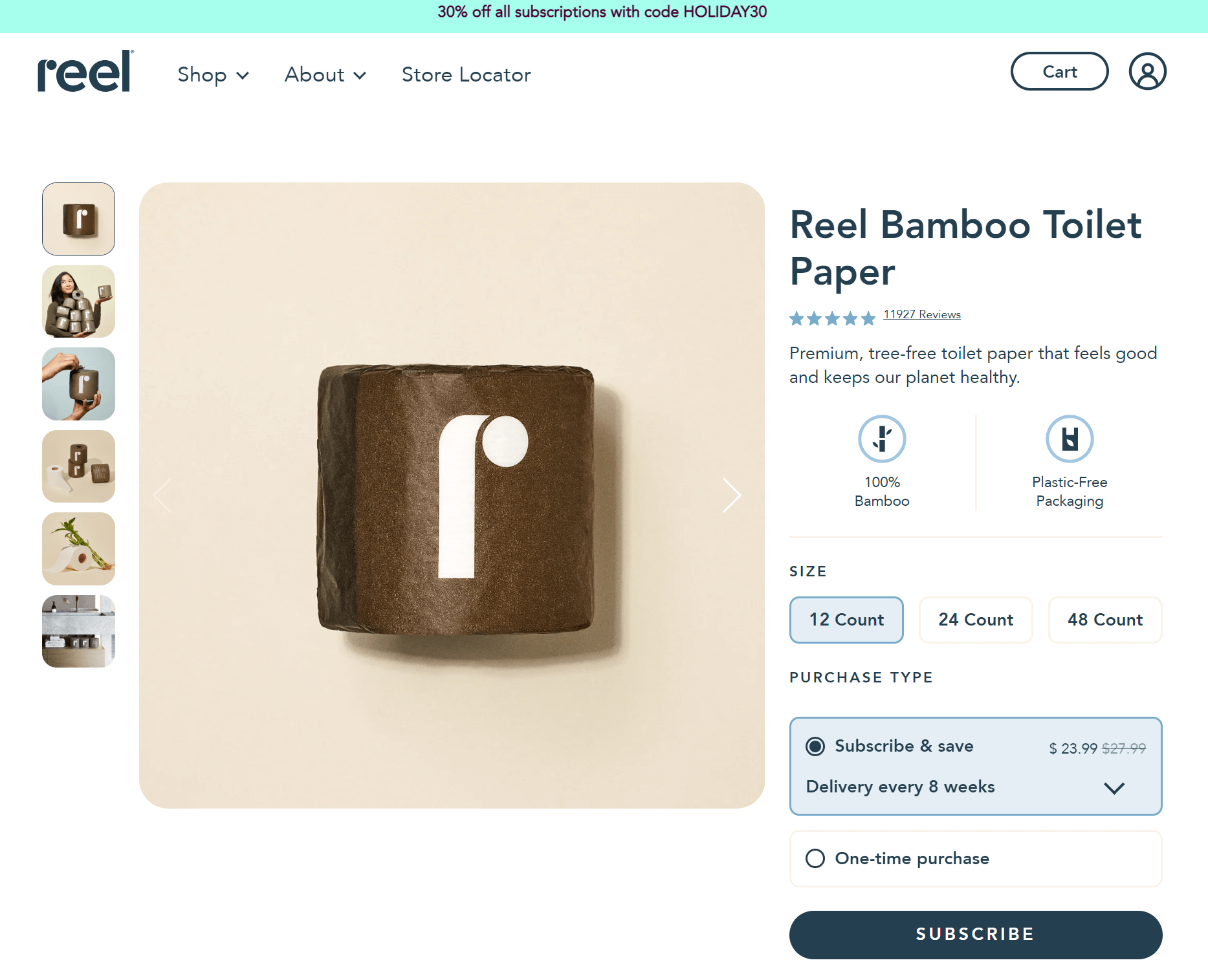 shopify subscription box: reel bamboo toilet paper product page