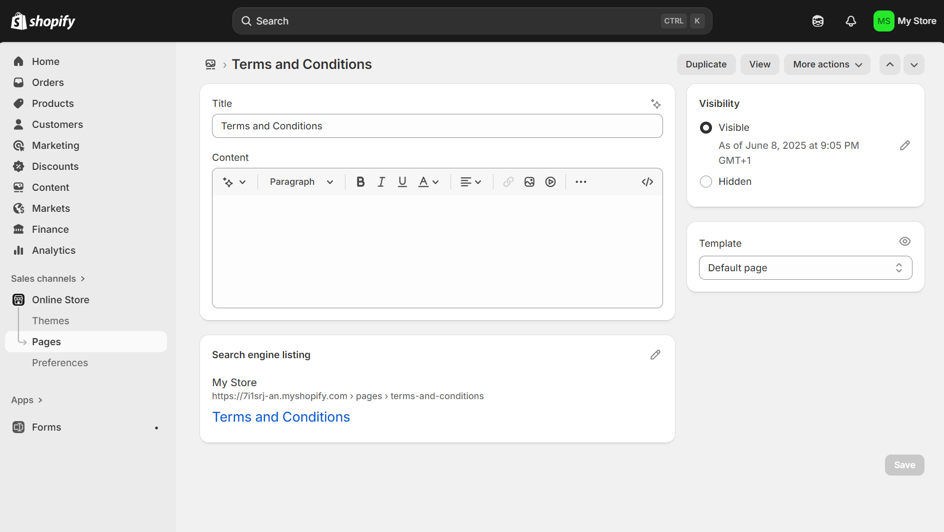shopify for services: terms and conditions page editor with options to add title, content, and visibility.