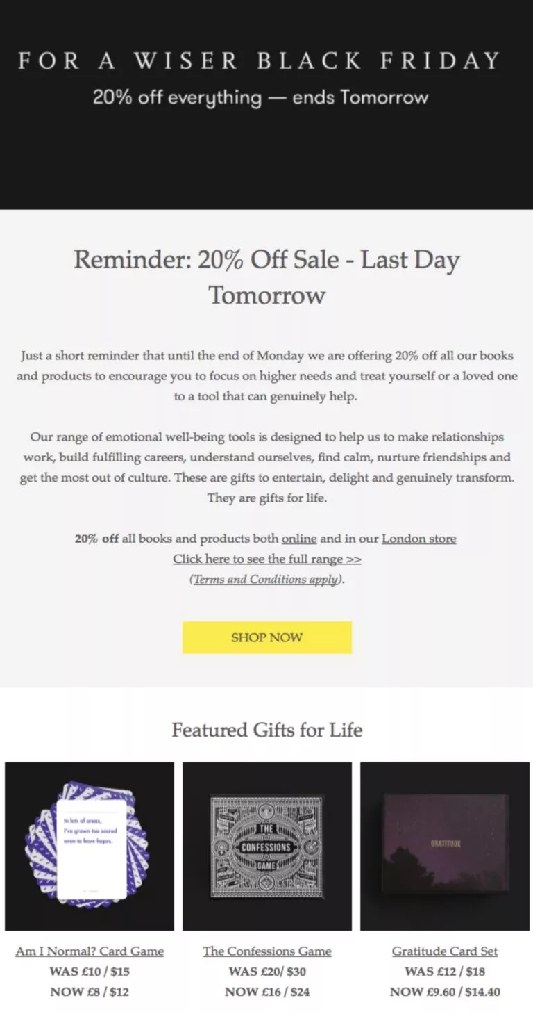 reminder emails: the school of life's email showing urgency and fomo that the discount ends tomorrow