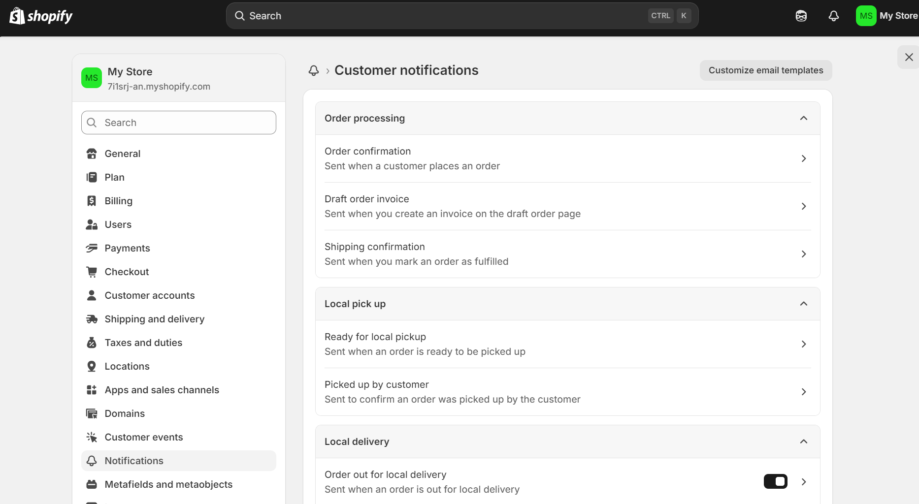 shopify for services: settings for customer notifications, like order confirmation, draft order invoice, shipping confirmation, and more delivery options