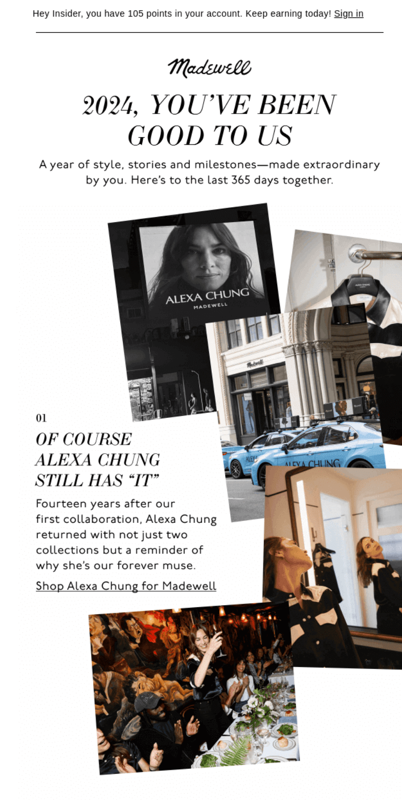 Madewell 2024 recap email highlighting Alexa Chung collaboration with lifestyle photography, event scenes, and a message thanking customers for a stylish year.