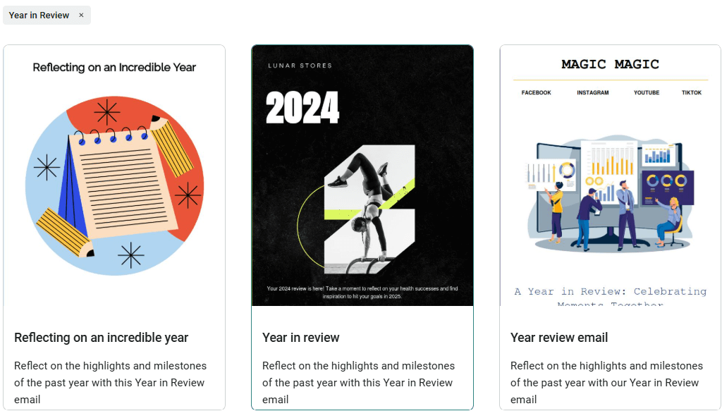 Omnisend Year in Review email template previews showing three sample designs: a notebook illustration, a modern black-and-yellow 2024 graphic, and a data-driven layout with people analyzing charts.