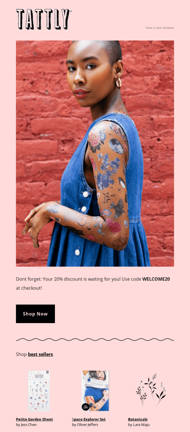 Tattly's reminder email that says you still have a 20% discount with a code