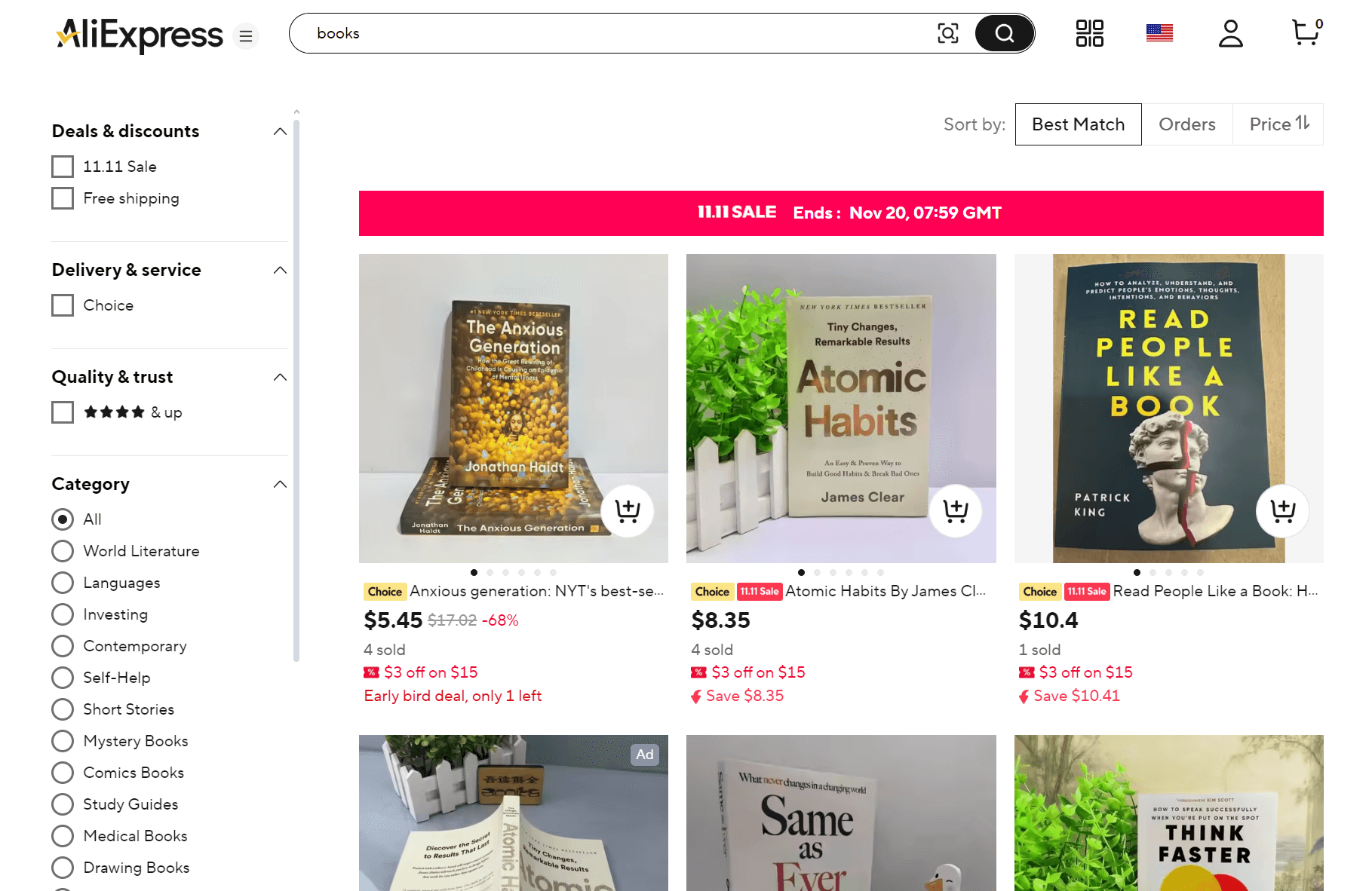 book dropshipping: aliexpress book section showing different book listings