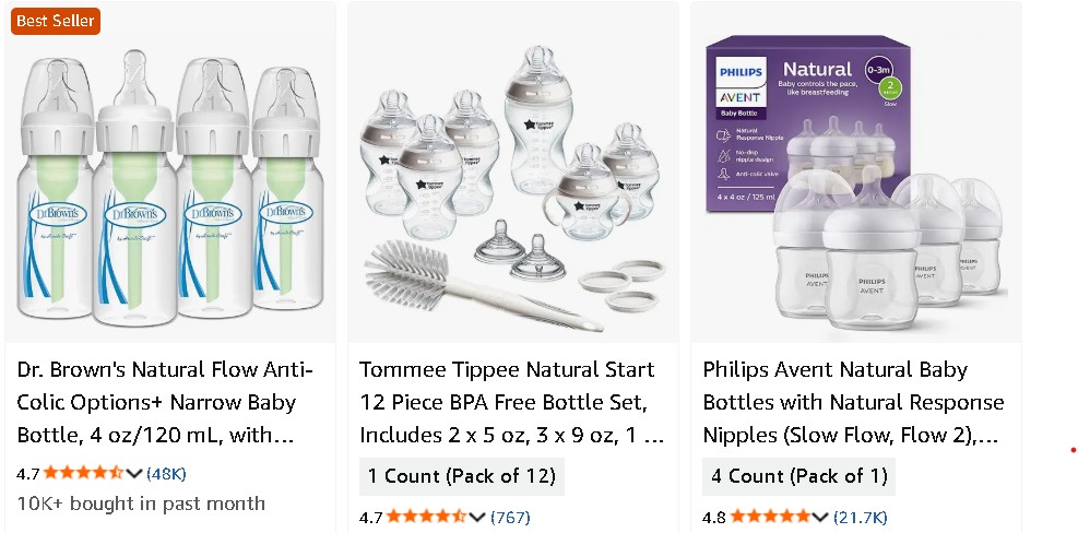 dropship baby products: three different listings of BPA-free baby bottles