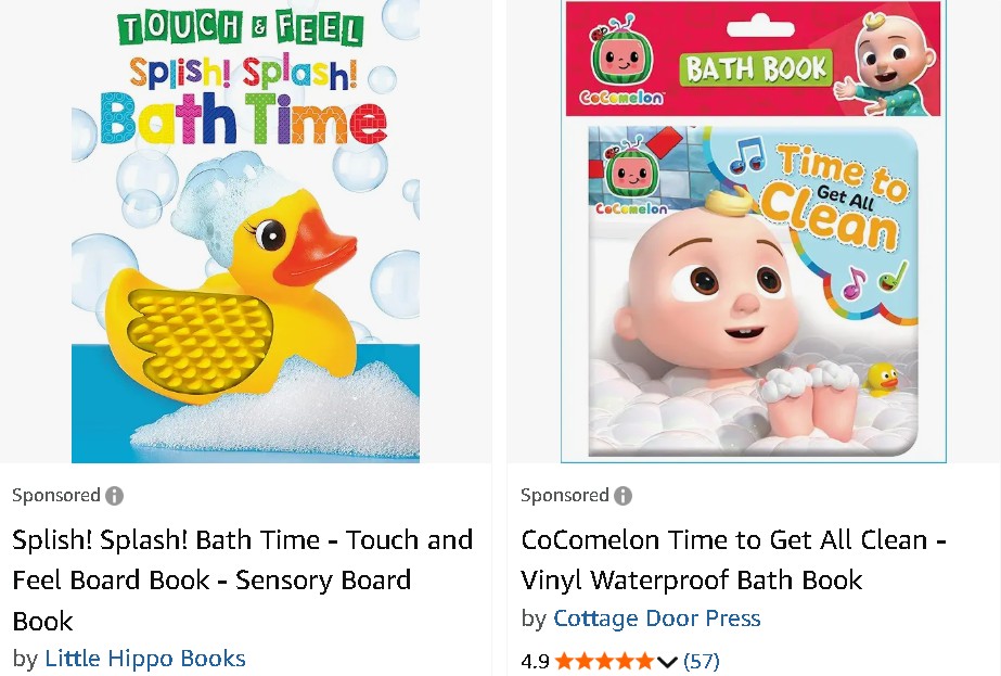 two listings of different water-resistant baby bath books: one with a duck, another with cocomelon