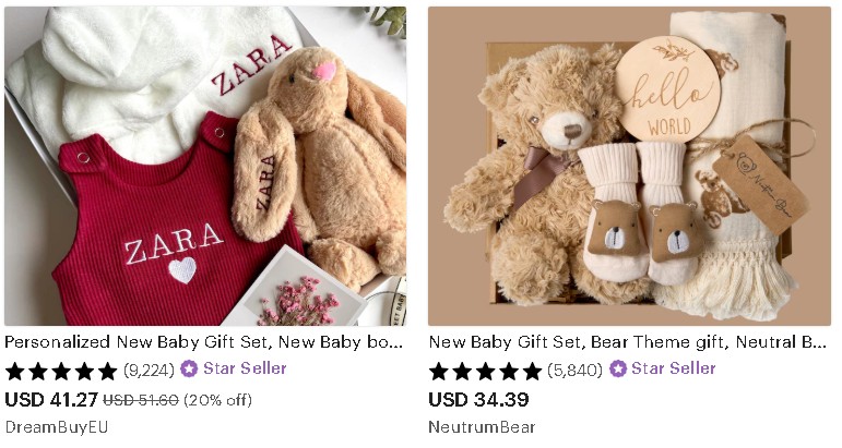 two different listings of baby gift packs, including clothes and plushie toys